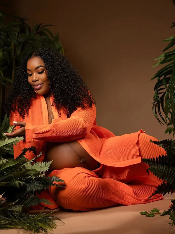 Momnfancy Orange Pleated V-Neck 2-in-1 Casual Photoshoot Plus Size Maternity Jumpsuit