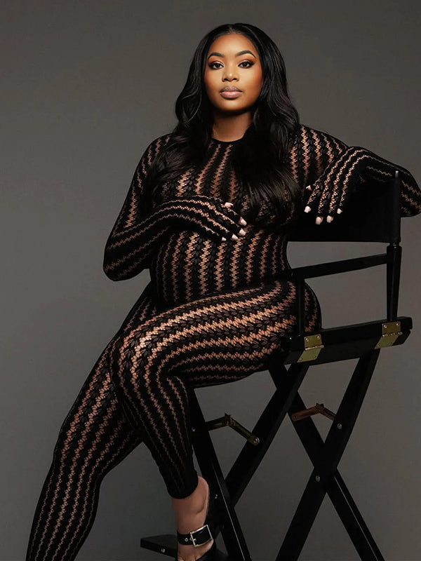 Momnfancy Black Mesh Sheer Striped Bodycon Long Sleeve Photoshoot Maternity Jumpsuit