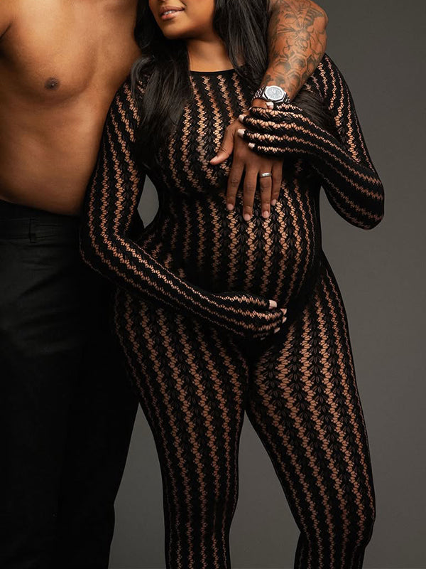 Momnfancy Black Mesh Sheer Striped Bodycon Long Sleeve Photoshoot Maternity Jumpsuit