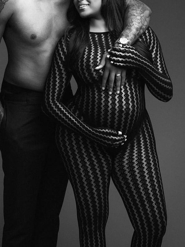 Momnfancy Black Mesh Sheer Striped Bodycon Long Sleeve Photoshoot Maternity Jumpsuit