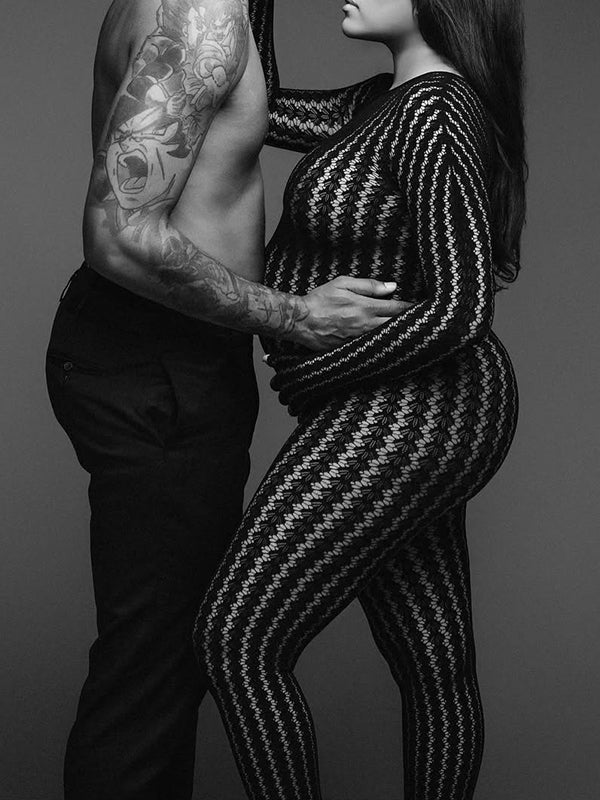 Momnfancy Black Mesh Sheer Striped Bodycon Long Sleeve Photoshoot Maternity Jumpsuit
