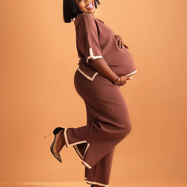 Momnfancy Brown Knitting Split 2-in-1 Casual Home Photoshoot Maternity Sweater Jumpsuit