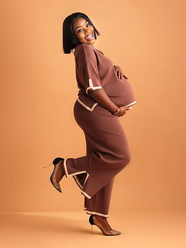 Momnfancy Brown Knitting Split 2-in-1 Casual Home Photoshoot Maternity Sweater Jumpsuit