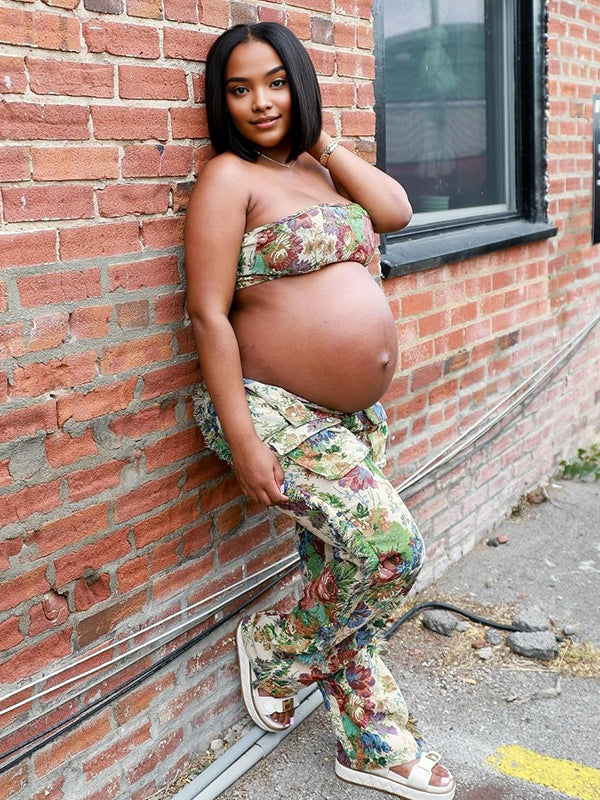 Momnfancy 2-in-1 Print Tube Top Tassel Lace-up Maternity Jeans