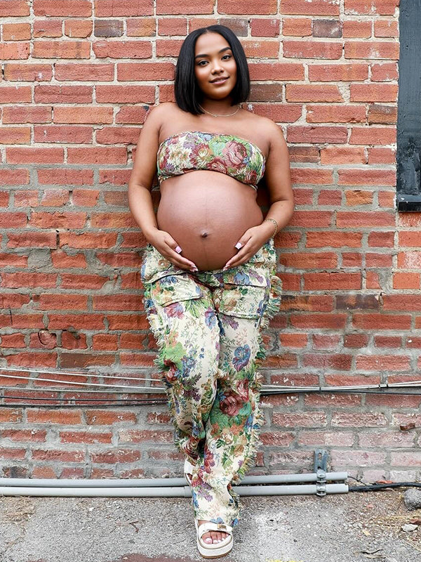 Momnfancy 2-in-1 Print Tube Top Tassel Lace-up Maternity Jeans