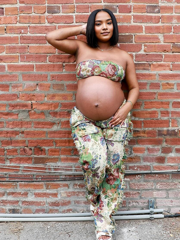 Momnfancy 2-in-1 Print Tube Top Tassel Lace-up Maternity Jeans