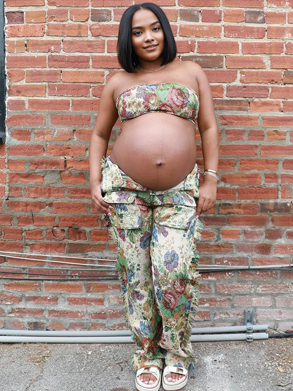 Momnfancy 2-in-1 Print Tube Top Tassel Lace-up Maternity Jeans