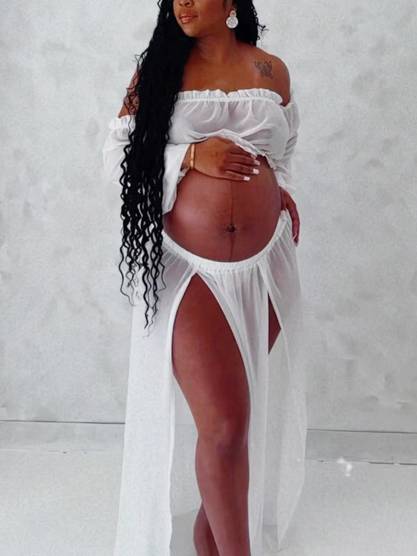 Momnfany Chic White Two Piece Falbala Slits On Both Sides Transparent Off Shoulder Flowy Beach Maternity Photoshoot Maxi Dress