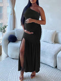 Momnfancy Mesh One Shoulder Ruched Side Slit Mermaid Maternity Maxi Dress