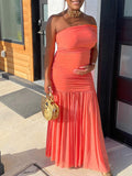Momnfancy Mesh One Shoulder Ruched Side Slit Mermaid Maternity Maxi Dress