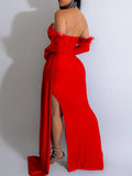 Momnfancy Off Shoulder Feather Side Slit Babyshower Maternity Maxi Dress