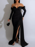 Momnfancy Off Shoulder Feather Side Slit Babyshower Maternity Maxi Dress
