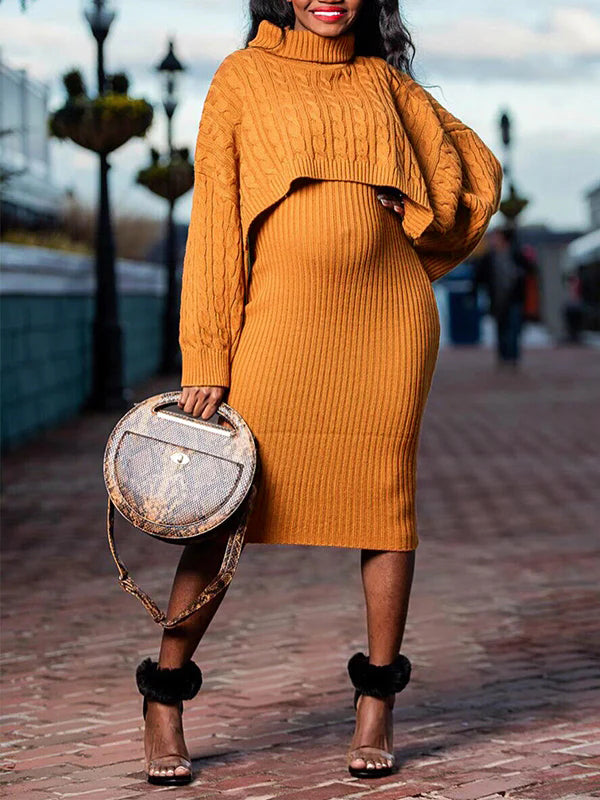Momnfancy Solid Color Knitting 2-in-1 Bodycon Baby Shower Maternity Sweater Midi Dress