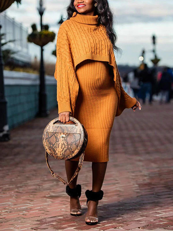 Momnfancy Solid Color Knitting 2-in-1 Bodycon Baby Shower Maternity Sweater Midi Dress