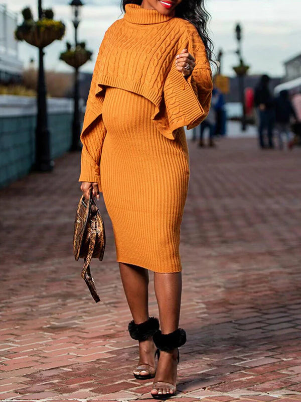 Momnfancy Solid Color Knitting 2-in-1 Bodycon Baby Shower Maternity Sweater Midi Dress