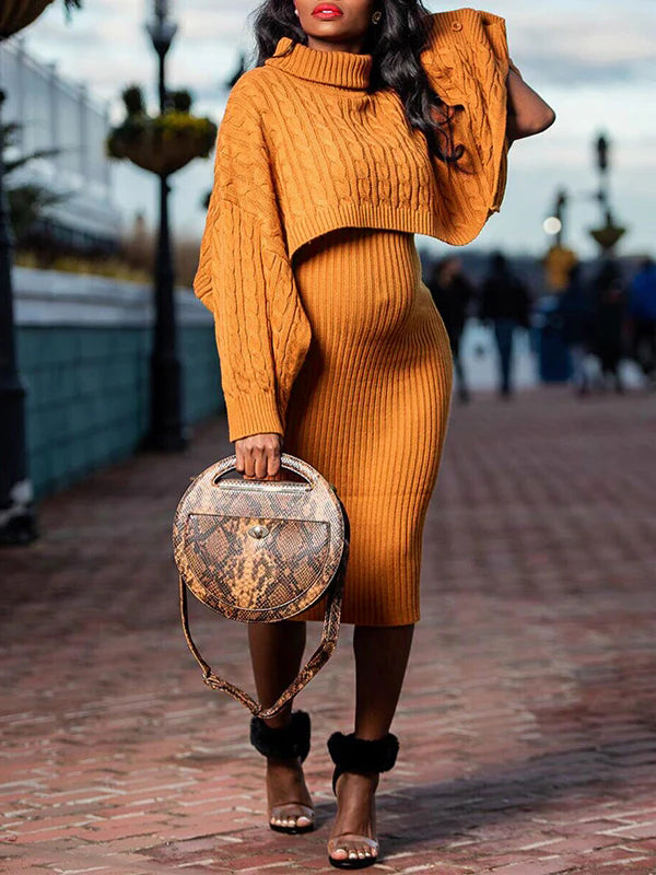 Momnfancy Solid Color Knitting 2-in-1 Bodycon Baby Shower Maternity Sweater Midi Dress