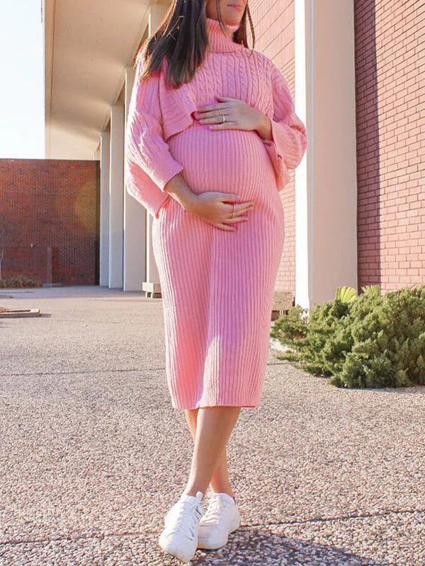 Momnfancy Solid Color Knitting 2-in-1 Bodycon Baby Shower Maternity Sweater Midi Dress