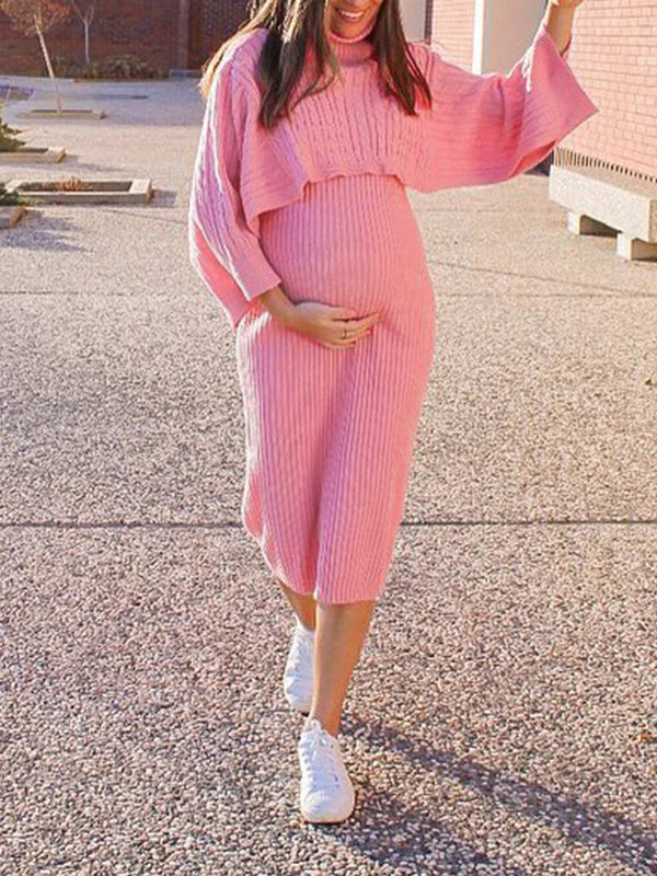 Momnfancy Solid Color Knitting 2-in-1 Bodycon Baby Shower Maternity Sweater Midi Dress