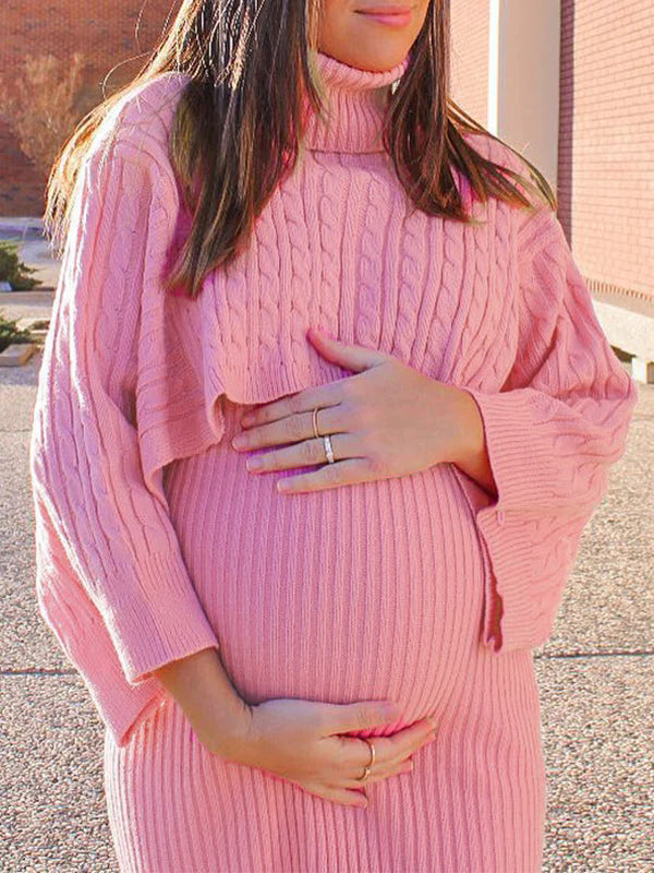 Momnfancy Solid Color Knitting 2-in-1 Bodycon Baby Shower Maternity Sweater Midi Dress