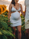 Momnfancy White Spaghetti Strap Cut Out Knitted Backless Twist Bodycon Maternity Mini Dress
