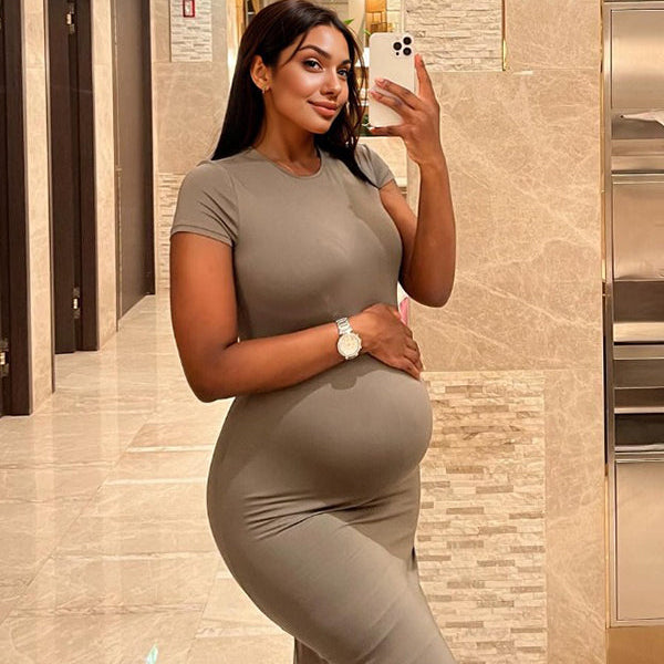Momnfancy Light Coffee Basic Daily Maternity Maxi Dress