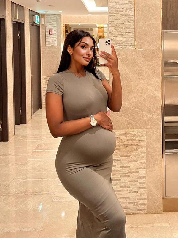 Momnfancy Light Coffee Basic Daily Maternity Maxi Dress
