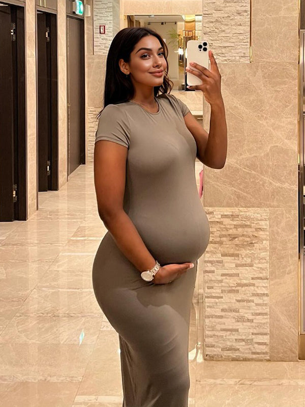 Momnfancy Light Coffee Basic Daily Maternity Maxi Dress