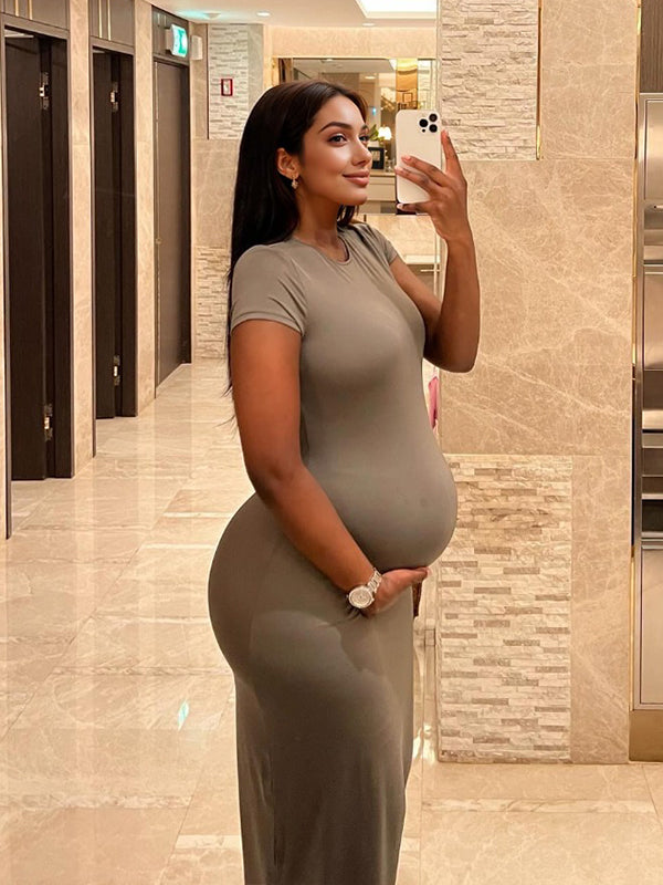 Momnfancy Light Coffee Basic Daily Maternity Maxi Dress