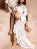 White Ruffle Cut Out Crop Irregular Split Sheer Maternity Maxi Dress