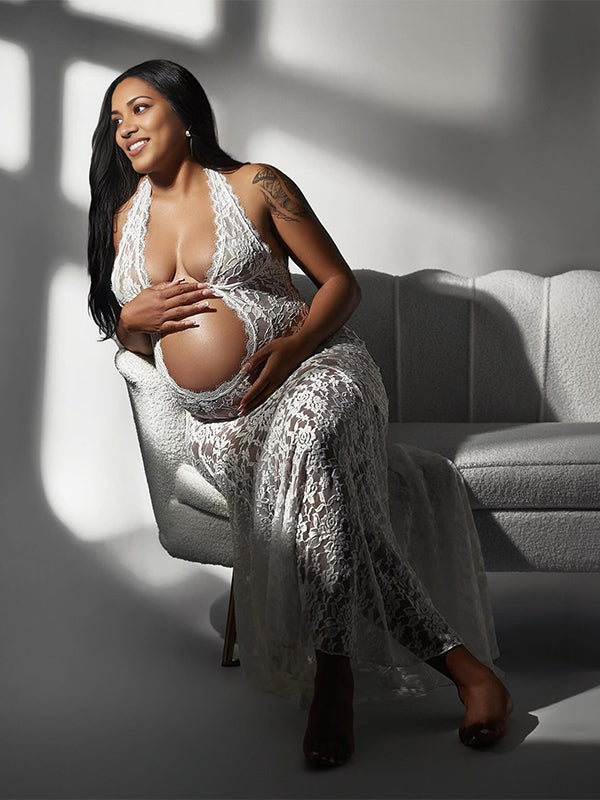 Momnfancy White Lace Cut Out Backless Mermaid Sheer Elegant Photoshoot Maternity Maxi Dress