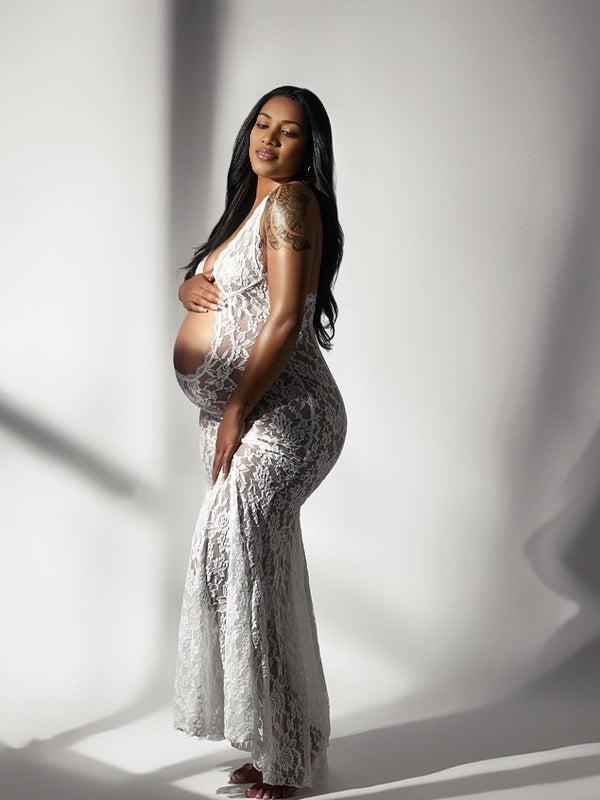 Momnfancy White Lace Cut Out Backless Mermaid Sheer Elegant Photoshoot Maternity Maxi Dress