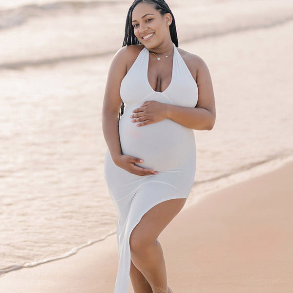 Momnfacy White Side Slit Halter Neck Backless Maternity Maxi Dress