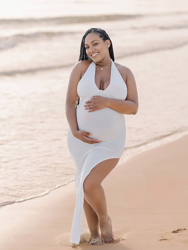Momnfacy White Side Slit Halter Neck Backless Maternity Maxi Dress