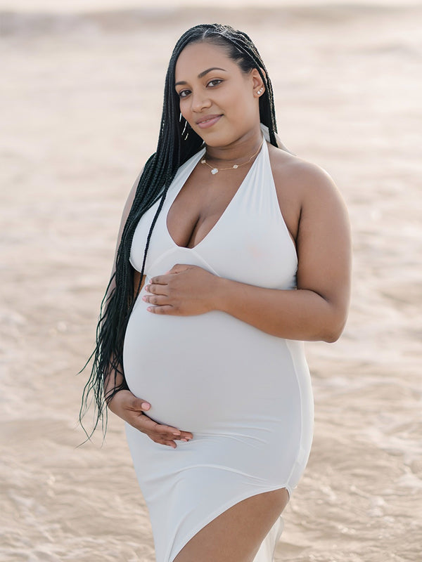 Momnfacy White Side Slit Halter Neck Backless Maternity Maxi Dress