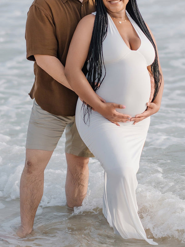 Momnfacy White Side Slit Halter Neck Backless Maternity Maxi Dress