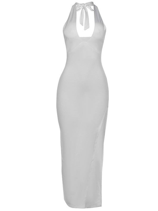 Momnfacy White Side Slit Halter Neck Backless Maternity Maxi Dress