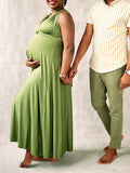 Momnfancy Grass Green Adjusted Strap Flowy Photoshoot Maternity Maxi Dress