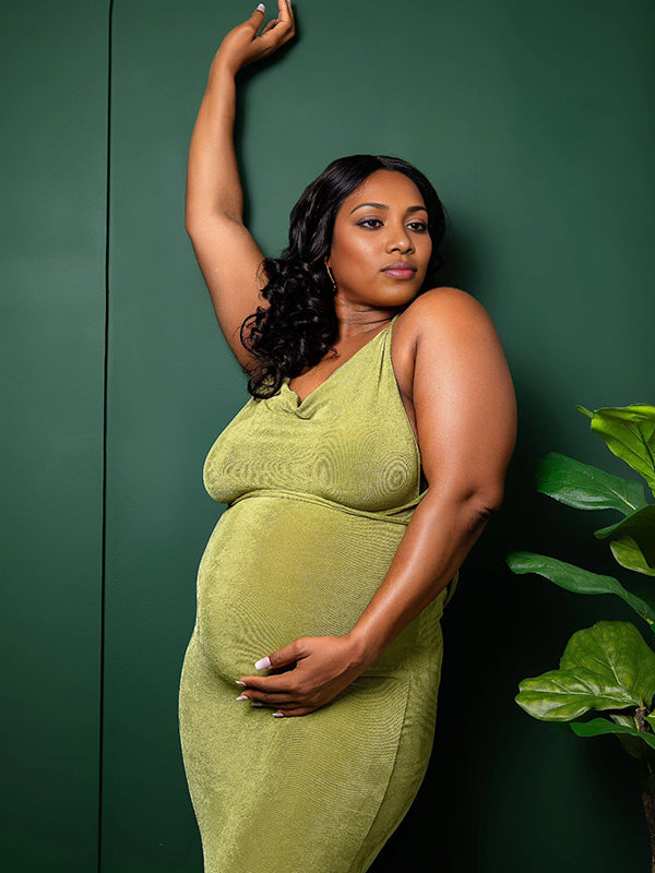 Momnfancy Green Backless Tie Back Cami Photoshoot Bodycon Maternity Maxi Dress