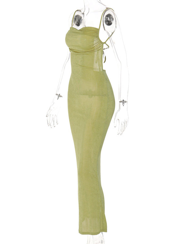 Momnfancy Green Backless Tie Back Cami Photoshoot Bodycon Maternity Maxi Dress