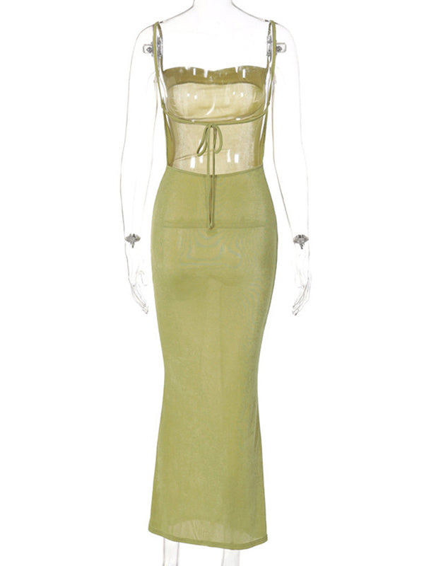 Momnfancy Green Backless Tie Back Cami Photoshoot Bodycon Maternity Maxi Dress