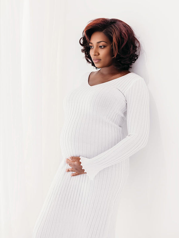 Momnfancy Knit Pleated Big Swing V-neck Plus Size Sweater Elegant Going Out Maternity Photoshoot Baby Shower Maxi Dress