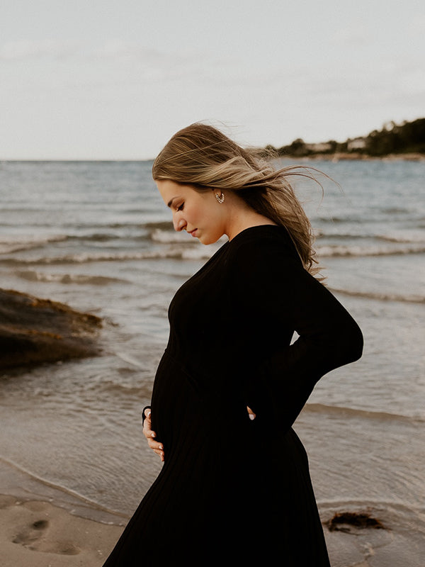 Momnfancy Knit Pleated Big Swing V-neck Plus Size Sweater Elegant Going Out Maternity Photoshoot Baby Shower Maxi Dress