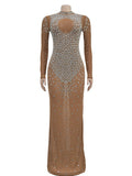 Momnfancy Apricot Diamonds Rhinestone Back Slit Photoshoot Maternity Maxi Dress