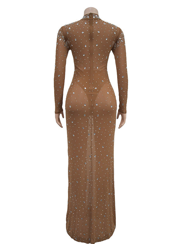 Momnfancy Apricot Diamonds Rhinestone Back Slit Photoshoot Maternity Maxi Dress