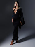 Momnfancy Black Ruffle Ruched Cloak Sleeve Maternity Maxi Dress