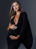 Momnfancy Black Ruffle Ruched Cloak Sleeve Maternity Maxi Dress