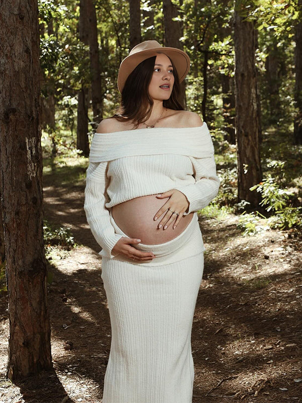 Momnfancy Solid Color Off Shoulder Crochet Knitwear Two Pieces Set Bodycon Elegant Going Out Gowns Photoshoot Maternity Sweater Maxi Dress