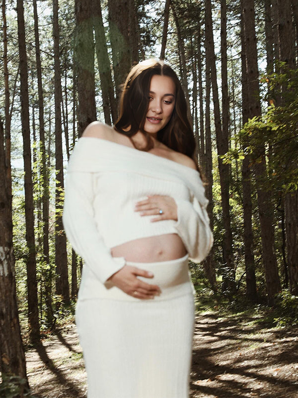 Momnfancy Solid Color Off Shoulder Crochet Knitwear Two Pieces Set Bodycon Elegant Going Out Gowns Photoshoot Maternity Sweater Maxi Dress