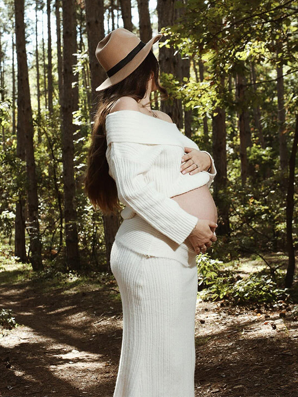 Momnfancy Solid Color Off Shoulder Crochet Knitwear Two Pieces Set Bodycon Elegant Going Out Gowns Photoshoot Maternity Sweater Maxi Dress