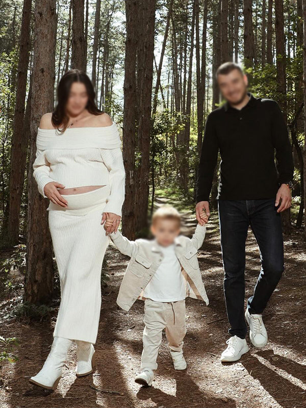 Momnfancy Solid Color Off Shoulder Crochet Knitwear Two Pieces Set Bodycon Elegant Going Out Gowns Photoshoot Maternity Sweater Maxi Dress